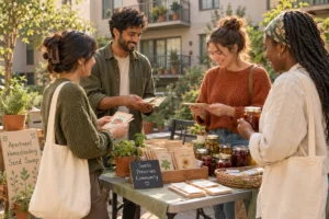 neighbors swapping seed packets and jars of preserves at a small table in an apartment building courtyard