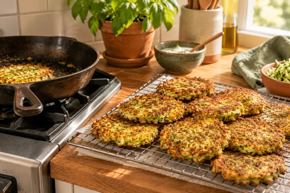 zucchini fritters cooling on a wire rack next to a skillet on a small apartment stovetop