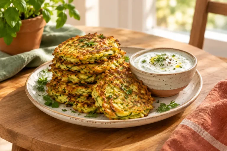 golden zucchini fritters stacked on a plate beside a small bowl of garlic yogurt sauce