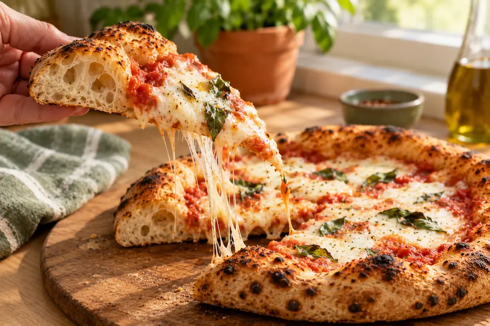 slice of sourdough pizza being lifted to show the open, airy crumb of the crust