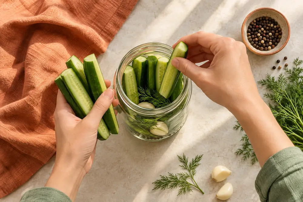 Hands packing cucumber spears, garlic, and dill into a glass jar