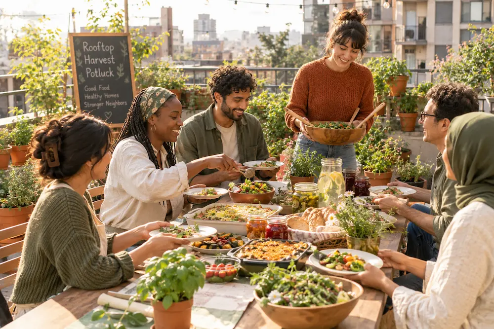 neighbors sharing a harvest potluck at a long table on an apartment building rooftop