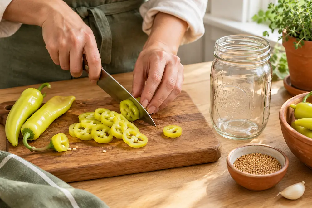 Banana peppers prepped on a rustic board for pickling