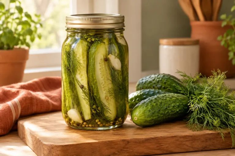 Jar of refrigerator dill pickles with fresh dill and cucumbers in a rustic kitchen