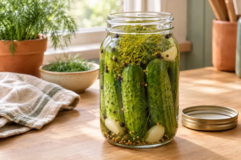 quart jar of kosher dill pickles packed with garlic cloves, fresh dill, and peppercorns on a kitchen counter
