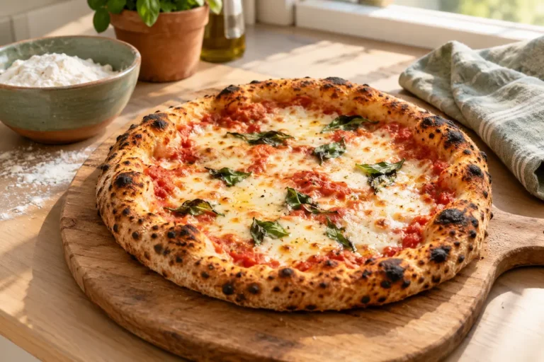 homemade sourdough pizza with a blistered golden crust, bubbling mozzarella, and basil on a wooden board