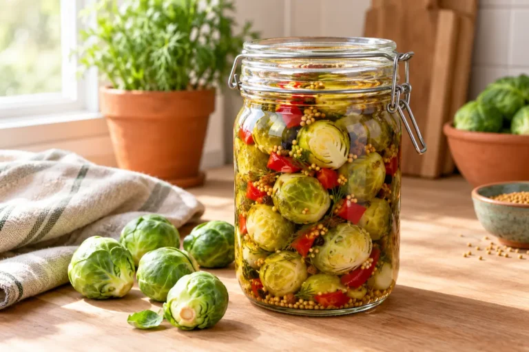 jar of pickled brussel sprouts with fresh sprouts on a rustic kitchen counter