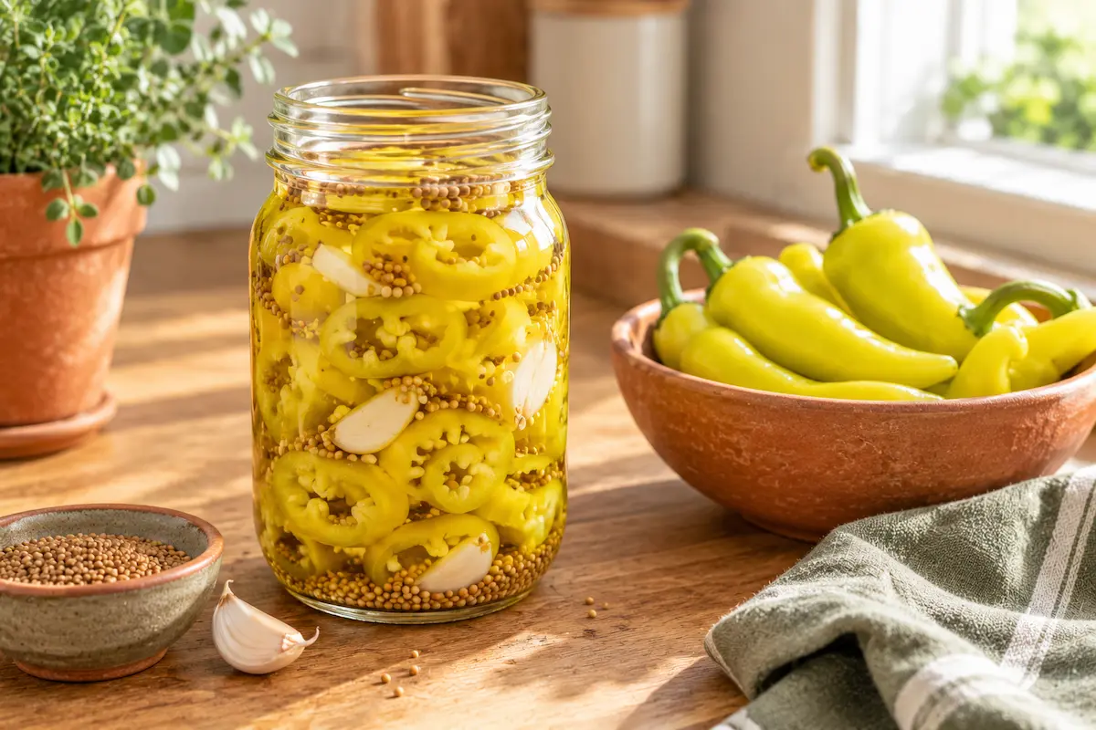 Jar of pickled banana pepper rings in a rustic kitchen