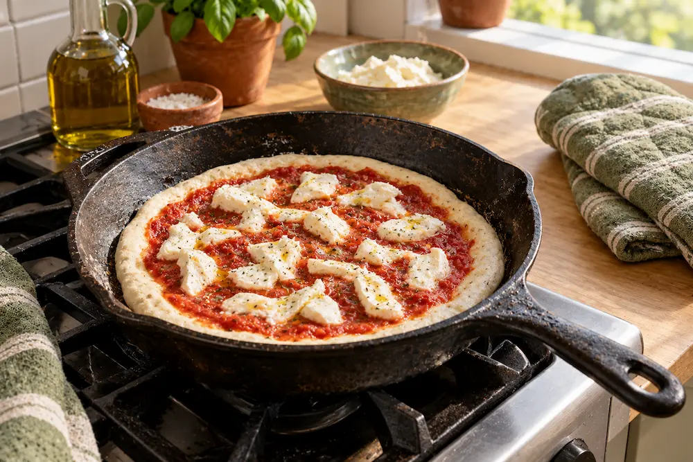 stretched sourdough pizza dough topped with sauce and mozzarella in a cast iron skillet