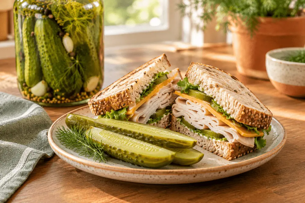 pickle spears on a small plate next to a sandwich, with the jar of kosher dill pickles in the background
