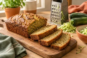 Rustic loaf of zucchini bread next to fresh zucchini and baking ingredients