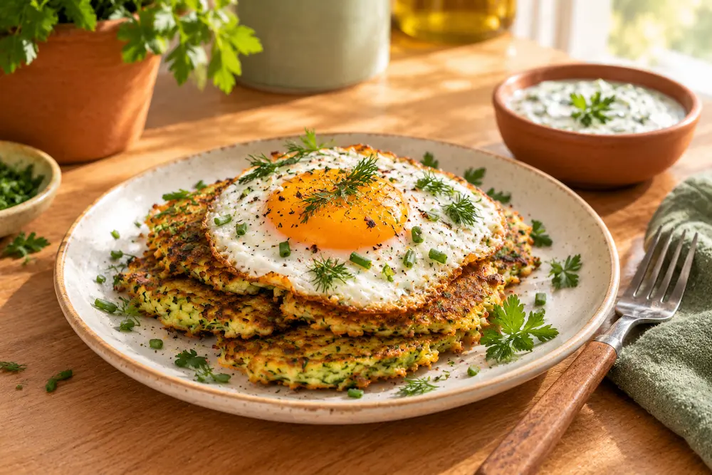 zucchini fritters topped with a fried egg and fresh herbs on a plate