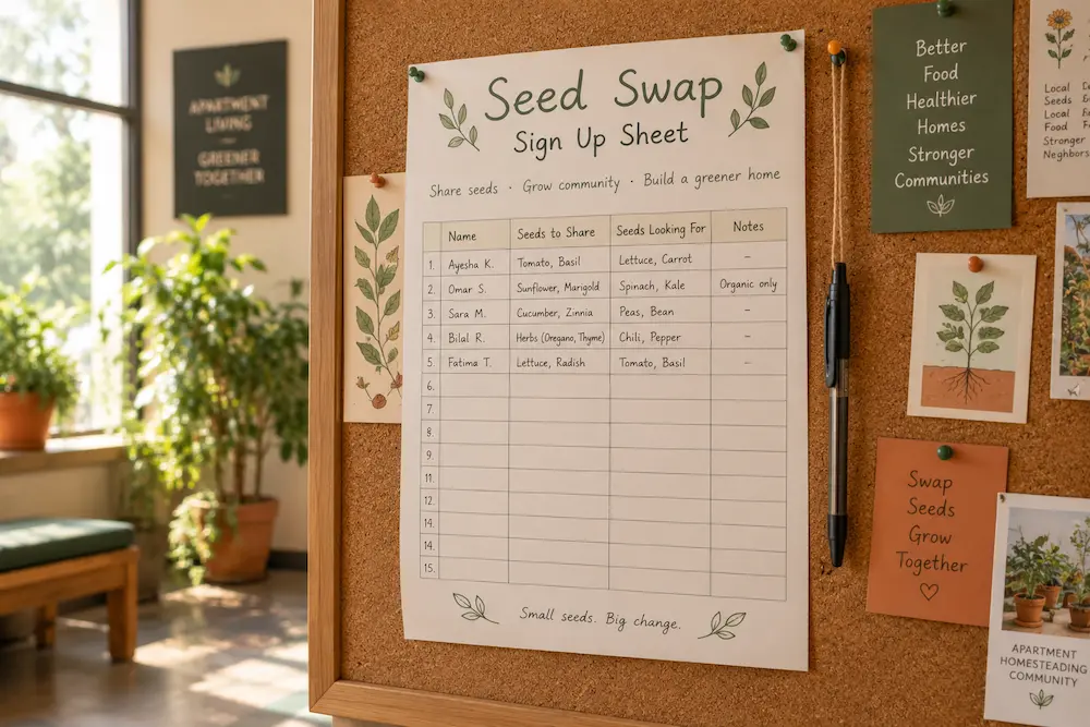 hand-written sign-up sheet for a seed swap pinned to an apartment building bulletin board