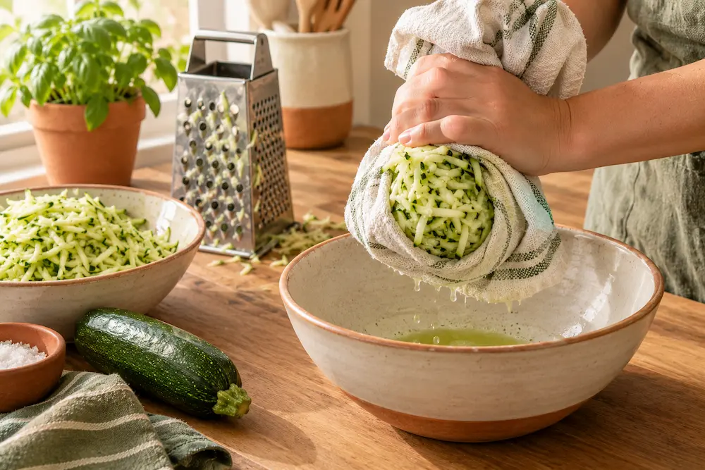 Squeezing water from grated zucchini in a cozy kitchen