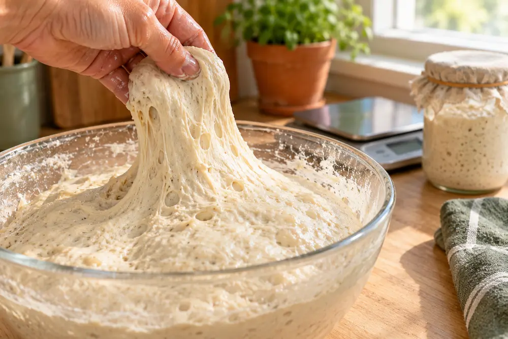 hands stretching and folding sticky sourdough pizza dough in a glass bowl