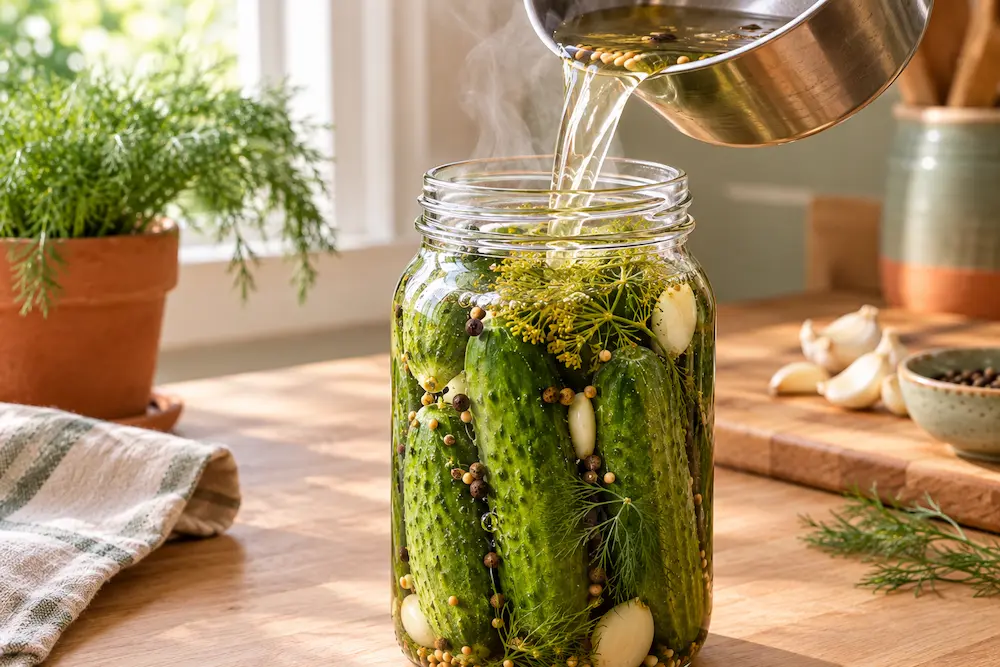 hot brine being poured over cucumbers, garlic, and dill in a glass quart jar