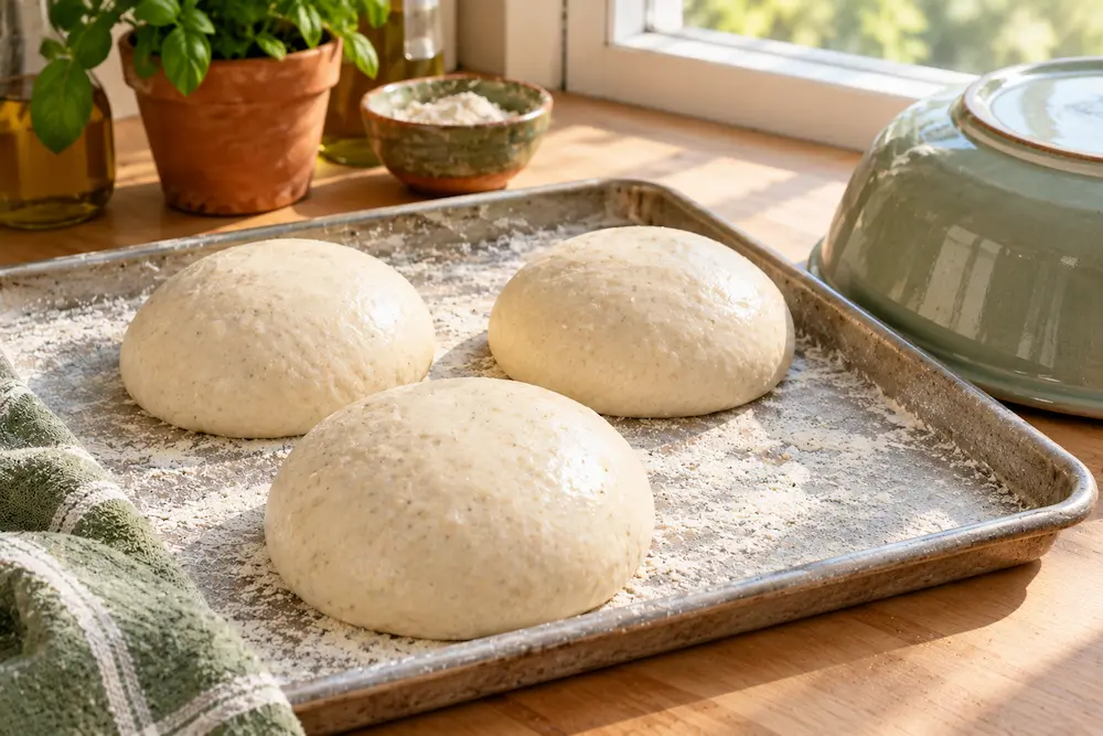 three smooth sourdough pizza dough balls resting in a floured tray, ready for cold fermenting