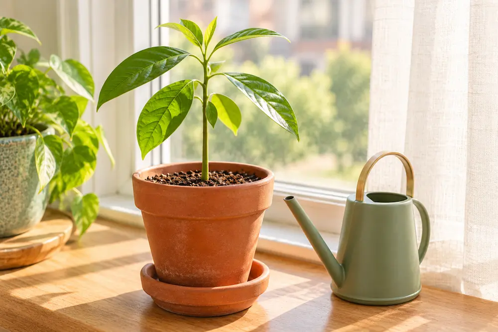 young avocado seedling with glossy leaves growing in a terracotta pot near a bright apartment window