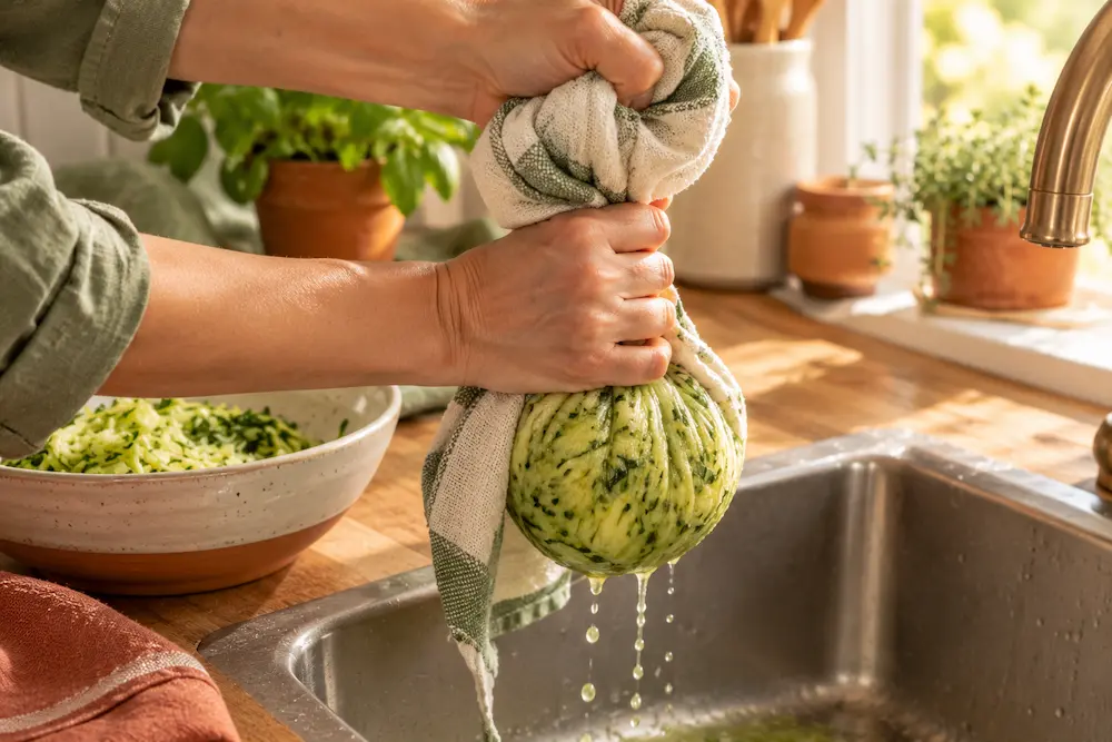 hands wringing grated zucchini in a dish towel over a kitchen sink