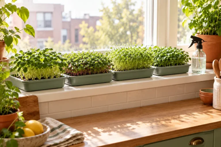 Three trays of different microgreens growing on a sunny apartment windowsill